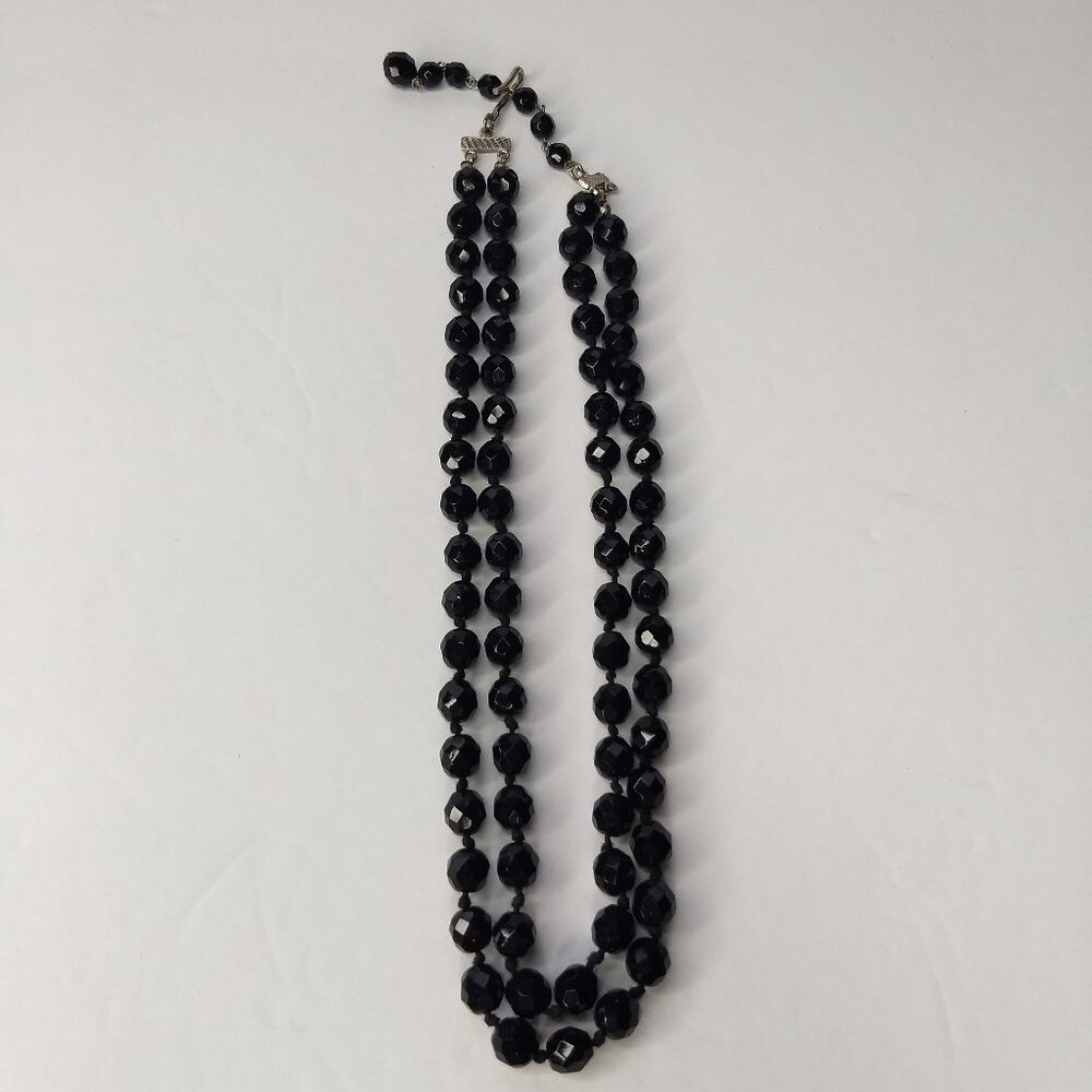 Black Stone Faceted Bead Necklace Two Strand Goth Whimsigoth Glam Adjustable